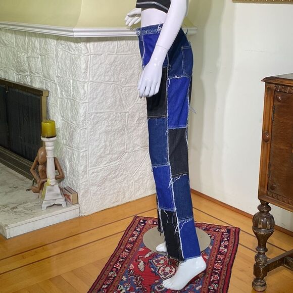 Shein Patchwork Distressed Black & Blue Denim High Waist Button Fly Flare Jeans - Picture 5 of 16